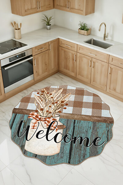 Realhomes Çiçekli Kare Desenli Özel Kesim Yuvarlak Yıkanabilir Kaymaz Taban M...