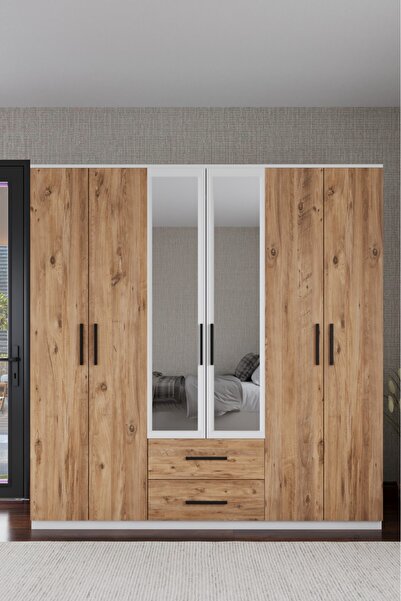 AYMOBSAN Nil 6 Kapılı 2 Çekmeceli Gardrop Geniş Dolap Aynalı Elbise Dolabı At...