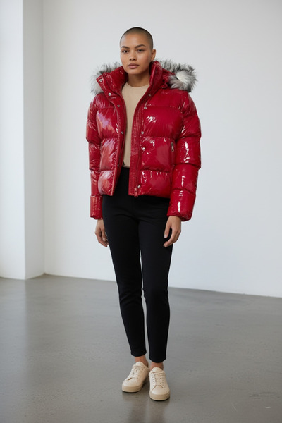 SEMİZ GİYİM Çıkarılabilir Kapüşonlu Kısa Parlak Şişme Mont