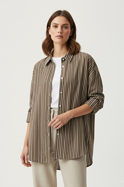 west club Kadın Kahverengi Çizgili Oversize Gömlek