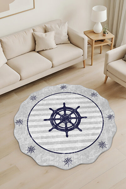 Realhomes Deniz Temalı Pusula Desenli Özel Kesim Yuvarlak Yıkanabilir Kaymaz ...