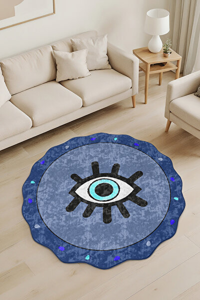Realhomes Mavi Göz Desenli Özel Kesim Yuvarlak Yıkanabilir Kaymaz Taban Halı