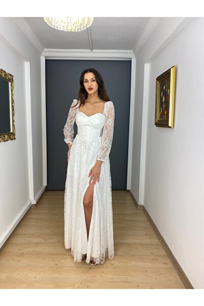 gökkuşagı moda Beyaz Uzun Kollu Dantel Kare Yaka Yırtmaçlı Uzun Abiye Elbise