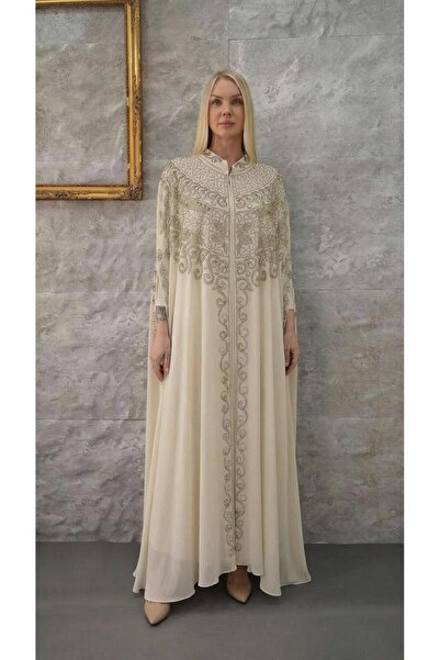 MİSS DİAMOND Chiffon Beige Long Abaya Dress Ferace Suitable for Elegant Stone...