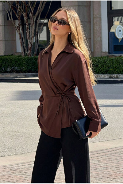 Happiness İstanbul Gömlek Yaka Anvelop Saten Yüzeyli Bluz
