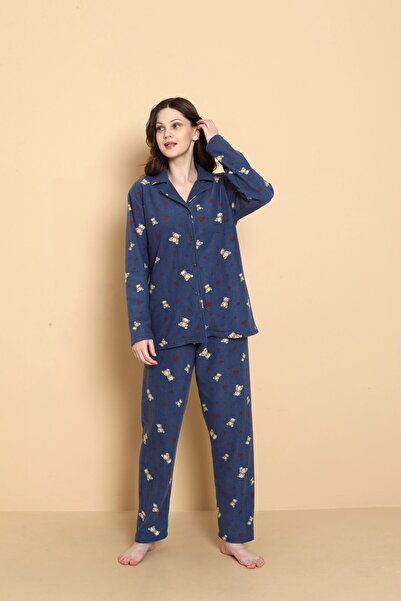SEBOTEKS Front Buttoned Patterned Winter Fleece Women's Pajama Set 1620