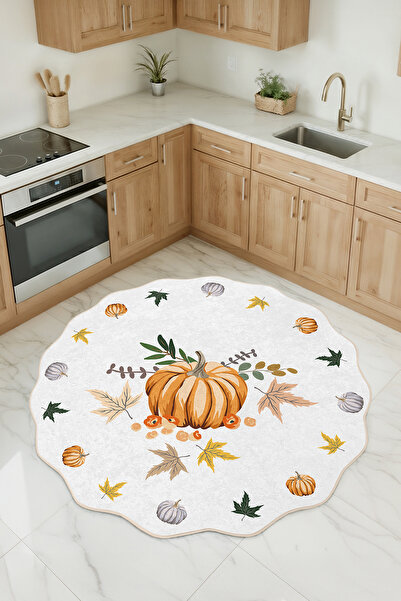 Realhomes Balkabağı Desenli Özel Kesim Yuvarlak Yıkanabilir Kaymaz Taban Mutf...