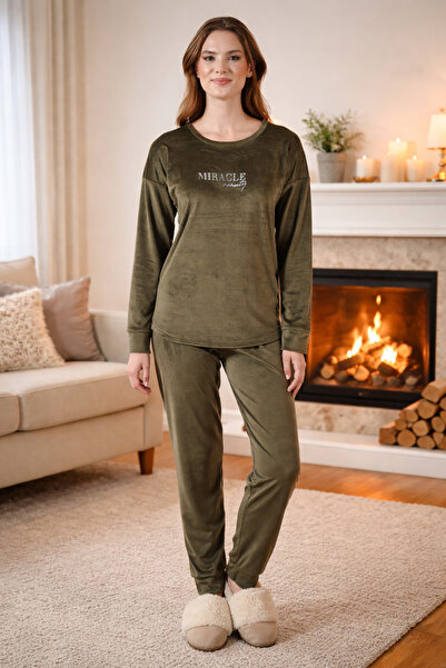 REMSA Дамски кадифен комплект пижама с принт 25382 Каки