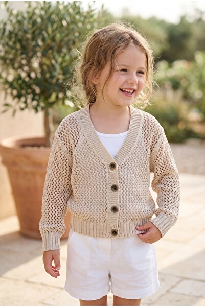 Babily Girl's Lace-Like Knit Premium Cardigan V-Neck Buttoned Cotton Hollow Knit