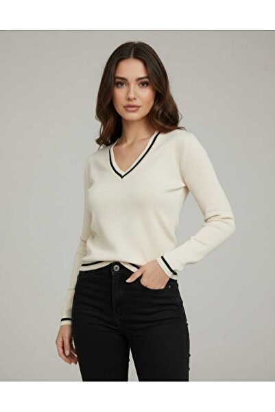 Eyora Moda V Yaka Beyaz Standart Beden (40 Bedene kadar uygundur) Kadın Triko