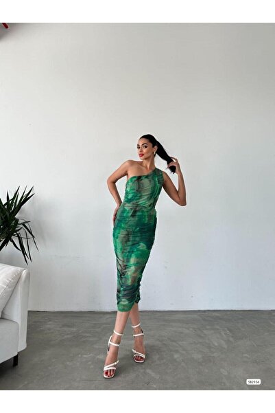 Modafeminen YEŞİL Одноплечове плаття середньої довжини з рюшами 582954