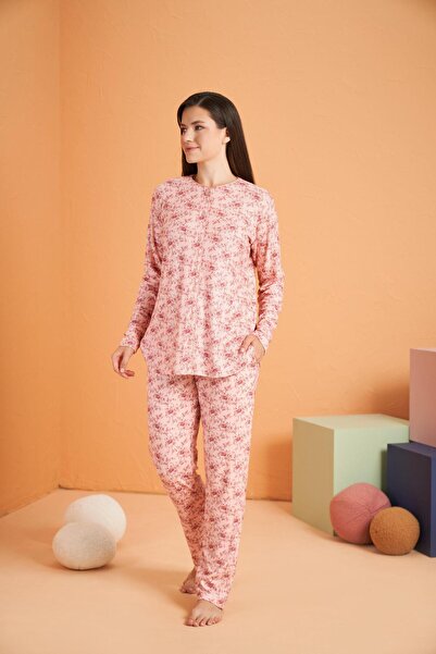 PJS Women's Button-Down Collar Floral Print Long Sleeve Pajama Set