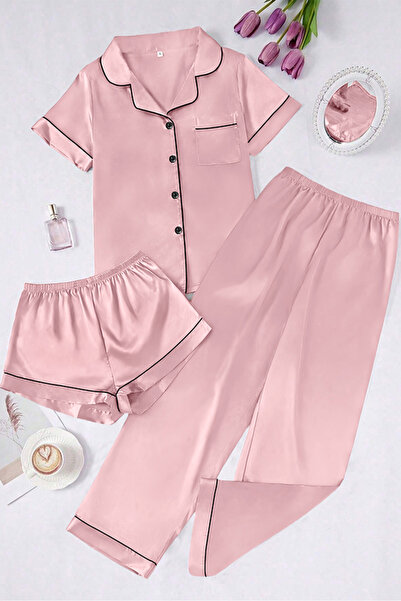 Sweet Dream 3 Piece Silk Satin Pajama Set for Women Soft Short Sleeve with Sh...
