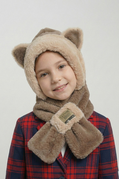 nacar çarşı Kız Çocuk Kahverengi Kedi Kulaklı Peluş Kapüşonlu Atkı - Yumuşak ...