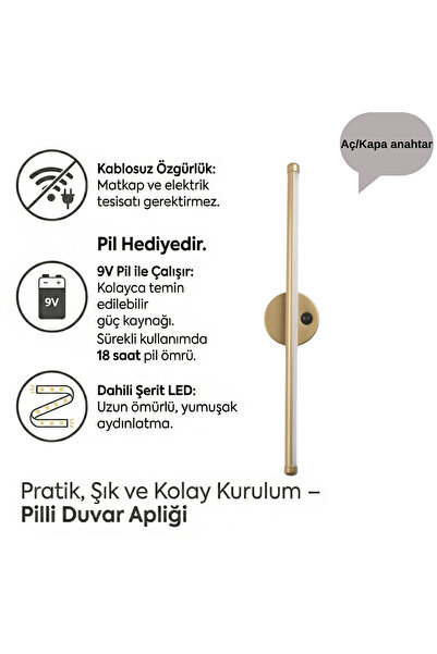 MOİRA Pilli Ledli Duvar Apliği Gold,Modern Kablosuz Tablo Aydınlatma Aç/Kapa ...