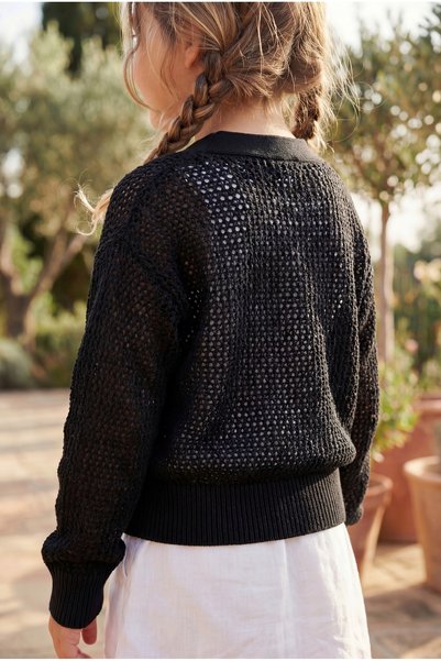 Babily Girl's Lace-Like Knit Stitch-Free Premium Cardigan V-Neck Buttoned Cotton Hollow Knit