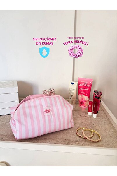 girlsybags Powder Pink Striped Liquid-Proof Makeup Bag Beach Pool Cosmetic Ba...
