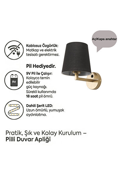 MOİRA Pilli Duvar Apliği,Abajur Ledli Gold Modern Kablosuz Yatak Odası Banyo ...