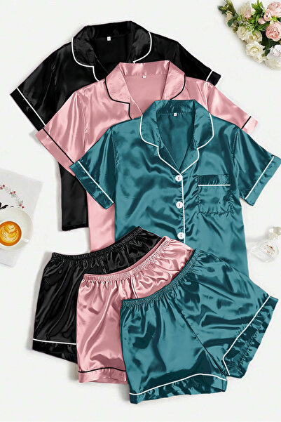 Sweet Dream 6 Piece Womens Silk Satin Pajamas Set Short Sleeve Sleepwear Butt...