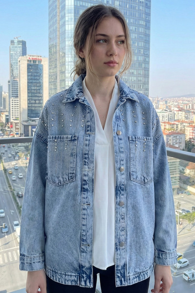 butiksinope AST 830 Taş İşleme Cep Detaylı Oversize Kadın Kot Ceket Açık Mavi