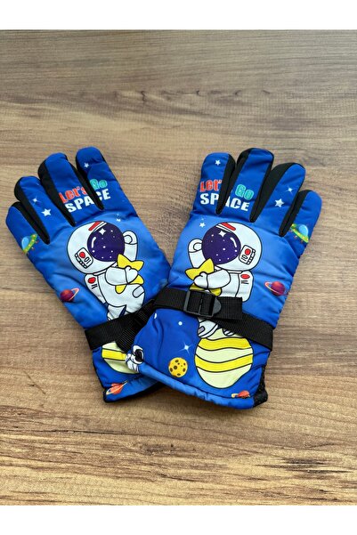 Blotch Astronot Karakterli Koyu Mavi Renk Astarlı Çocuk Kayak Ve Kar Eldiveni...