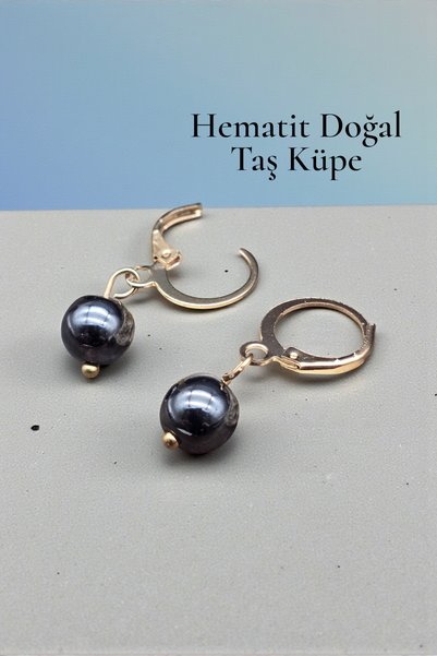 NBS Beautiful Naturel Stones Hematit Kadın Küpe Kaliteli Altın Renk 8 mm
