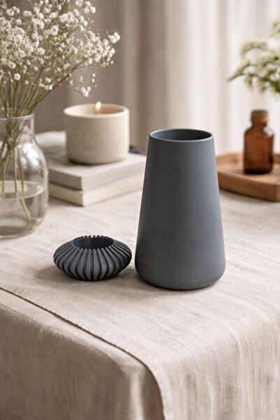 Şirin 3D Tasarım Gri Minimal Vazo & Organizer Tabak İkili Set – Modern Dekoratif