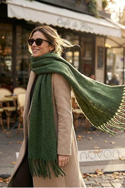 novon Klein Soft Touch Tassel Detailed Wool Textured Premium Army Green Fring...