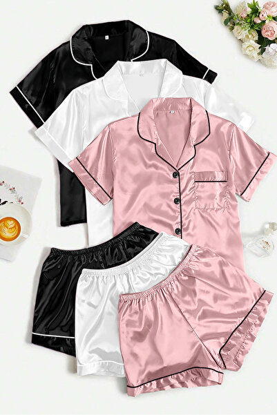 Sweet Dream 6 Piece Womens Silk Satin Pajamas Set Short Sleeve Sleepwear Butt...