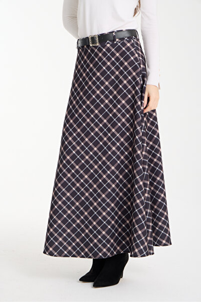 PINTORE Women's Dabıl Fabric Belted Plaid Skirt