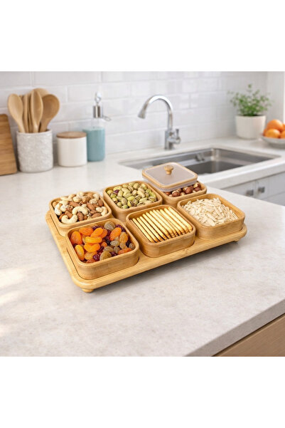 SweetHomes`s 6’lı Kapaklı Bambu Kahvaltılık ve Çerezlik Seti Tepsili