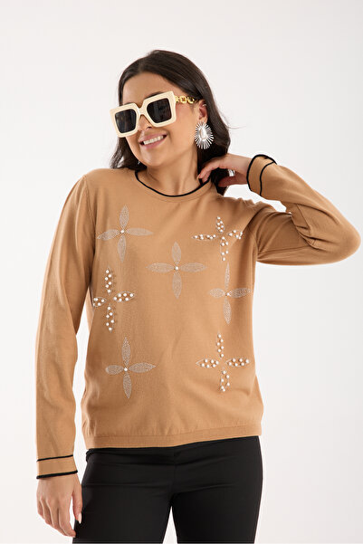 Moda Days Women's Beige Contrast Bi Piped Light Collar Knitwear Blouse with S...
