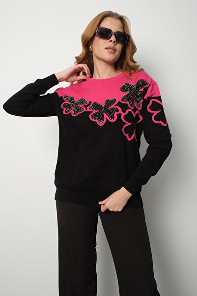 Moda Days Women's Fuchsia-Black Two-Tone Stone Detailed Floral Patterned Crew...