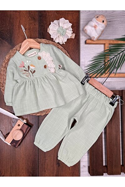 Kids Kingdom Organik Çiçek Desenli Müslin 3lü Kız Bebek Takım