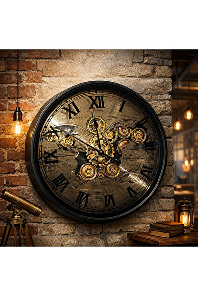 hediyeconcepti Vintage Metal Çarklı Dünya Haritalı Duvar Saati Steampunk Tasa...