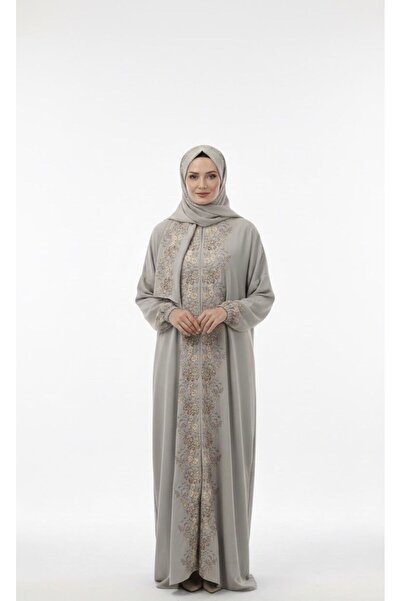 DADO BELLA Gri Tek Parça Başörtülü Nakışlı Namazlık