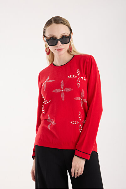 Moda Days Women's Red Contrast Bi Piped Isiklet Collar Knitwear Blouse with S...