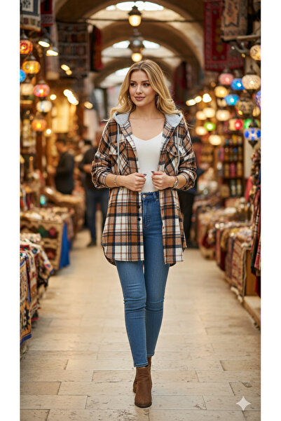 Polologin Butik Brown Ecru Retro Lumberjack Shirt - Warm Oversized Embroidere...