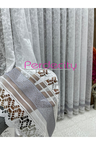 PERDECITY Gözde French Lace Gray Detailed Knitted 1X3 Tight Pleats No Ironing...