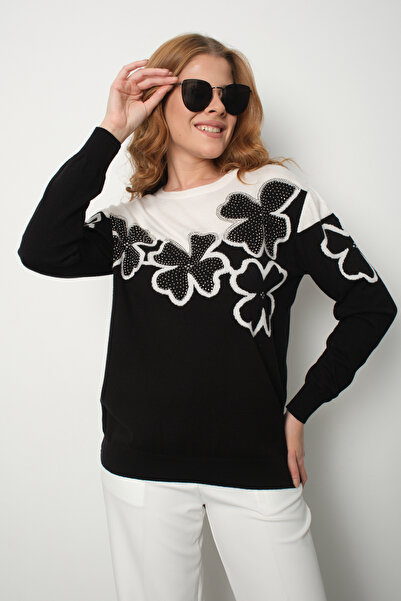 Moda Days Women's White-Black Two-Tone Stone Detailed Floral Patterned Crew N...