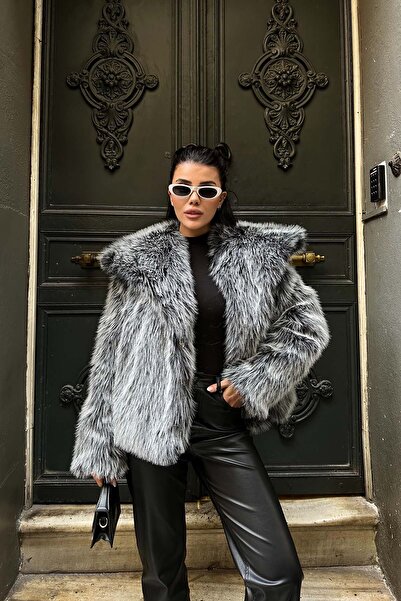 XXL BUTİK Γυναικείο γκρι oversize γούνινο παλτό |   Τσέπη με κούμπωμα ESR005