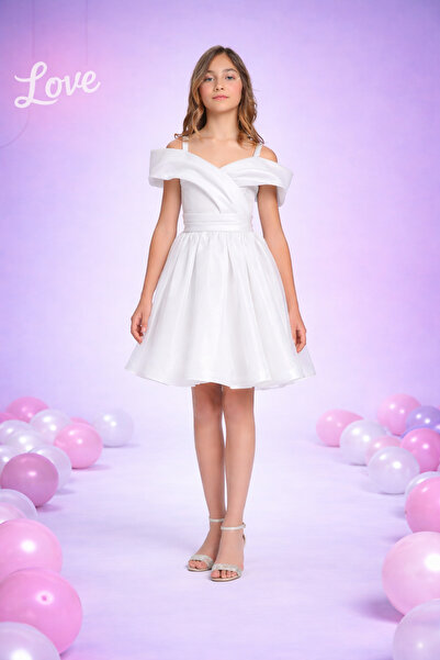 Rüyam Çocuk Giyim Beyaz Kız Çocuk Kayık Yaka Kısa Abiye Elbise