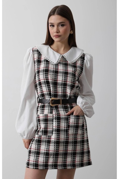 nefes butik Ekose Desenli Beyaz Yakalı Kemerli Siyah-Beyaz Mini Elbise