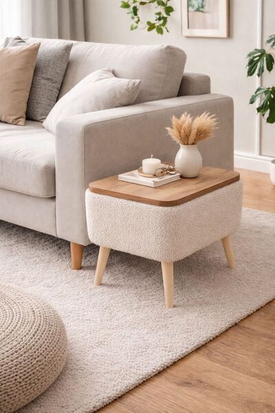 own home Nora Sandıklı Yan Sehpa, Teddy Kumaş Kaplamalı Ahşap Ayaklı Modern Y...