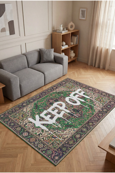 Arteluna Home Deira 01 Yeşil Vintage Eskitme Keep Off Yazılı Etnik Motifli Re...