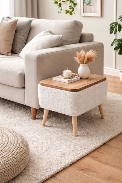 own home Nora Sandıklı Yan Sehpa, Teddy Kumaş Kaplamalı Ahşap Ayaklı Modern Y...