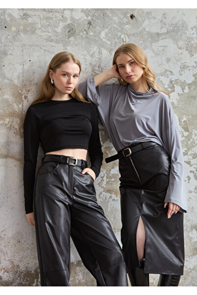 LADYA COLLECTION Μαύρη δερμάτινη φούστα Nova Midi