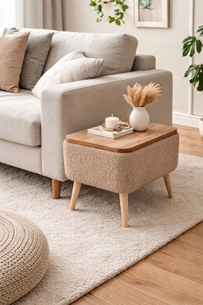 own home Nora Sandıklı Yan Sehpa, Teddy Kumaş Kaplamalı Ahşap Ayaklı Modern Y...