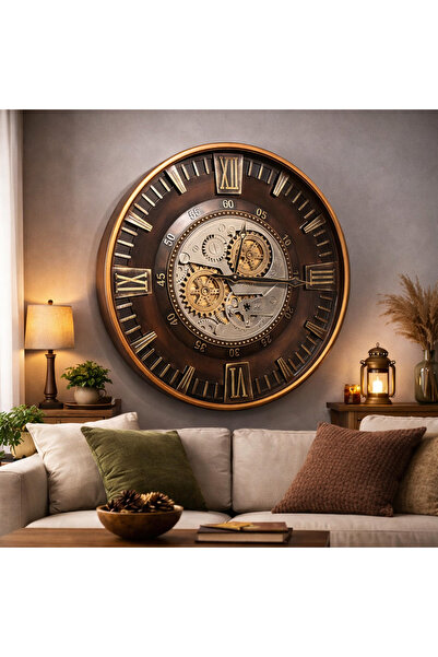 hediyeconcepti Ahşap Görünümlü Metal Çarklı Duvar Saati – Bronz Detaylı Steam...