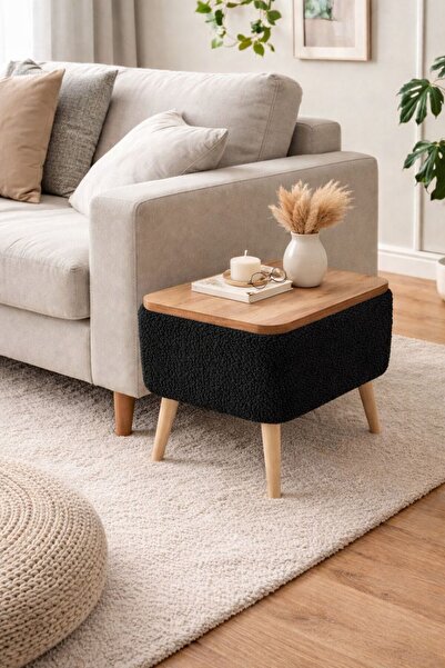 own home Nora Sandıklı Yan Sehpa, Teddy Kumaş Kaplamalı Ahşap Ayaklı Modern Y...